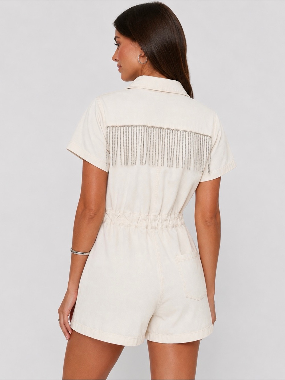 Cloud Ten White Short Romper with Rhinestone Fringe Back Detail Small
